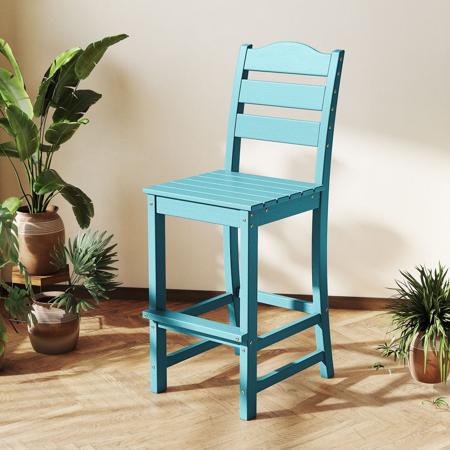 30 Inches Counter Height HDPE Bar Stool with Backrest and Footrest, Turquoise Patio Bar Furniture at Gallery Canada