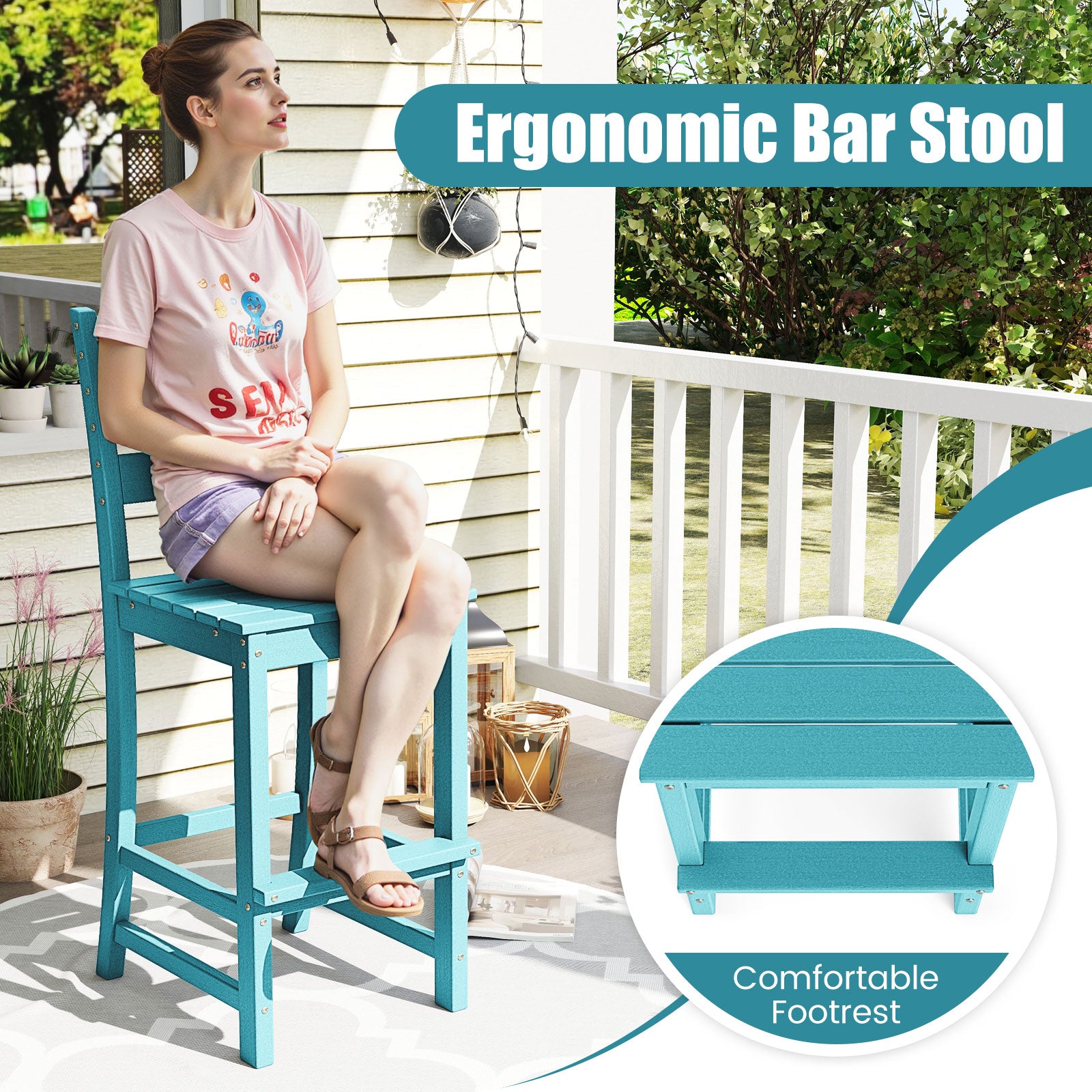 30 Inches Counter Height HDPE Bar Stool with Backrest and Footrest, Turquoise Patio Bar Furniture at Gallery Canada