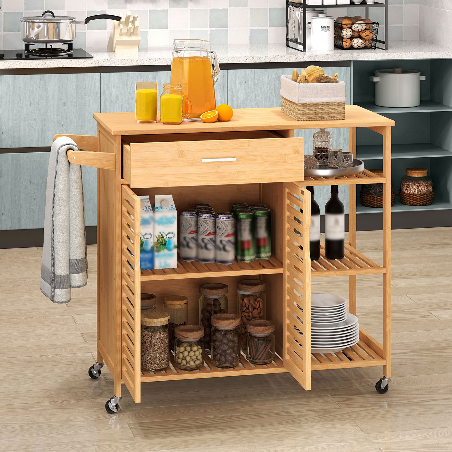 Kitchen Island Cart on Wheels with Sturdy Bamboo Frame, Natural Kitchen Islands & Carts at Gallery Canada