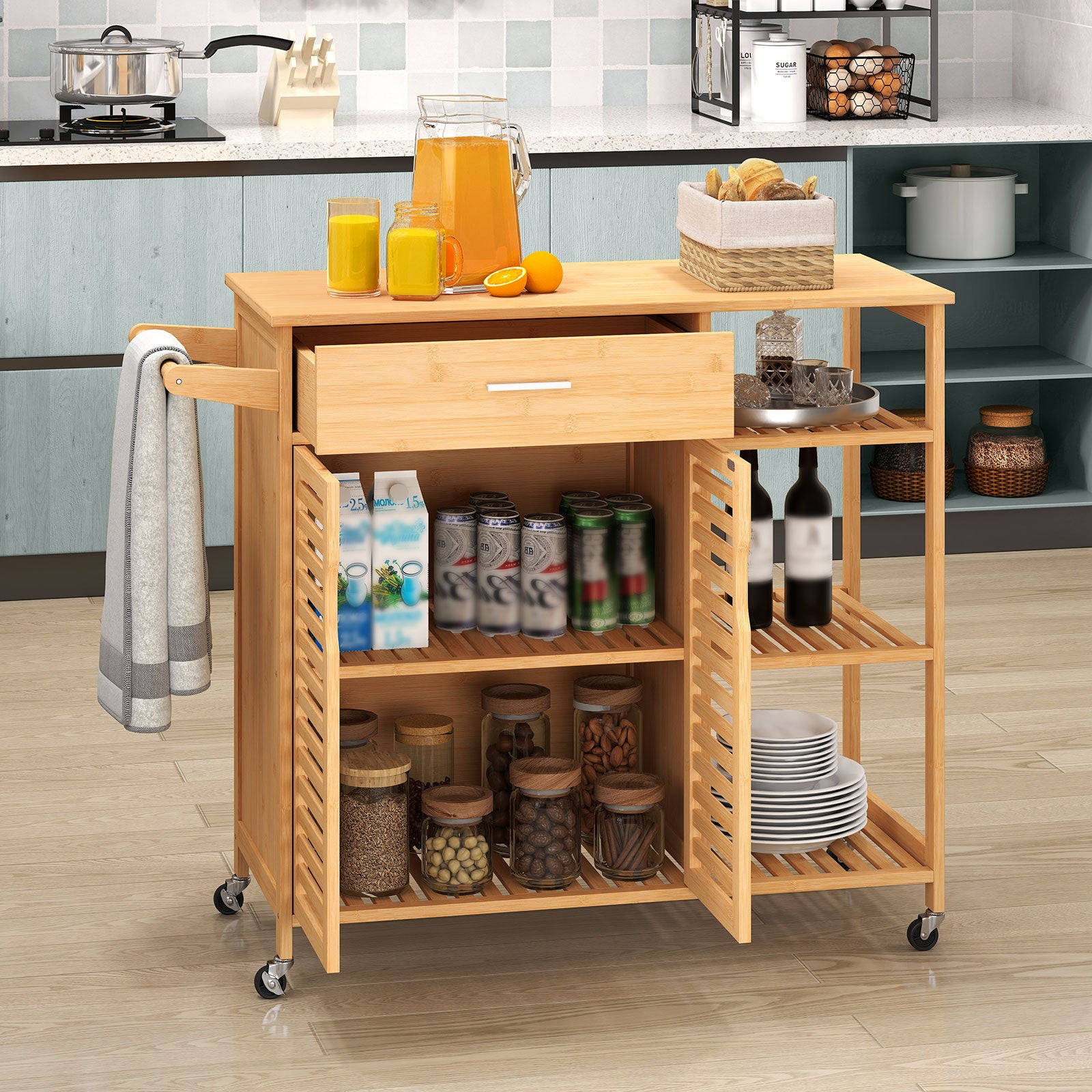 Kitchen Island Cart on Wheels with Sturdy Bamboo Frame, Natural Kitchen Islands & Carts at Gallery Canada