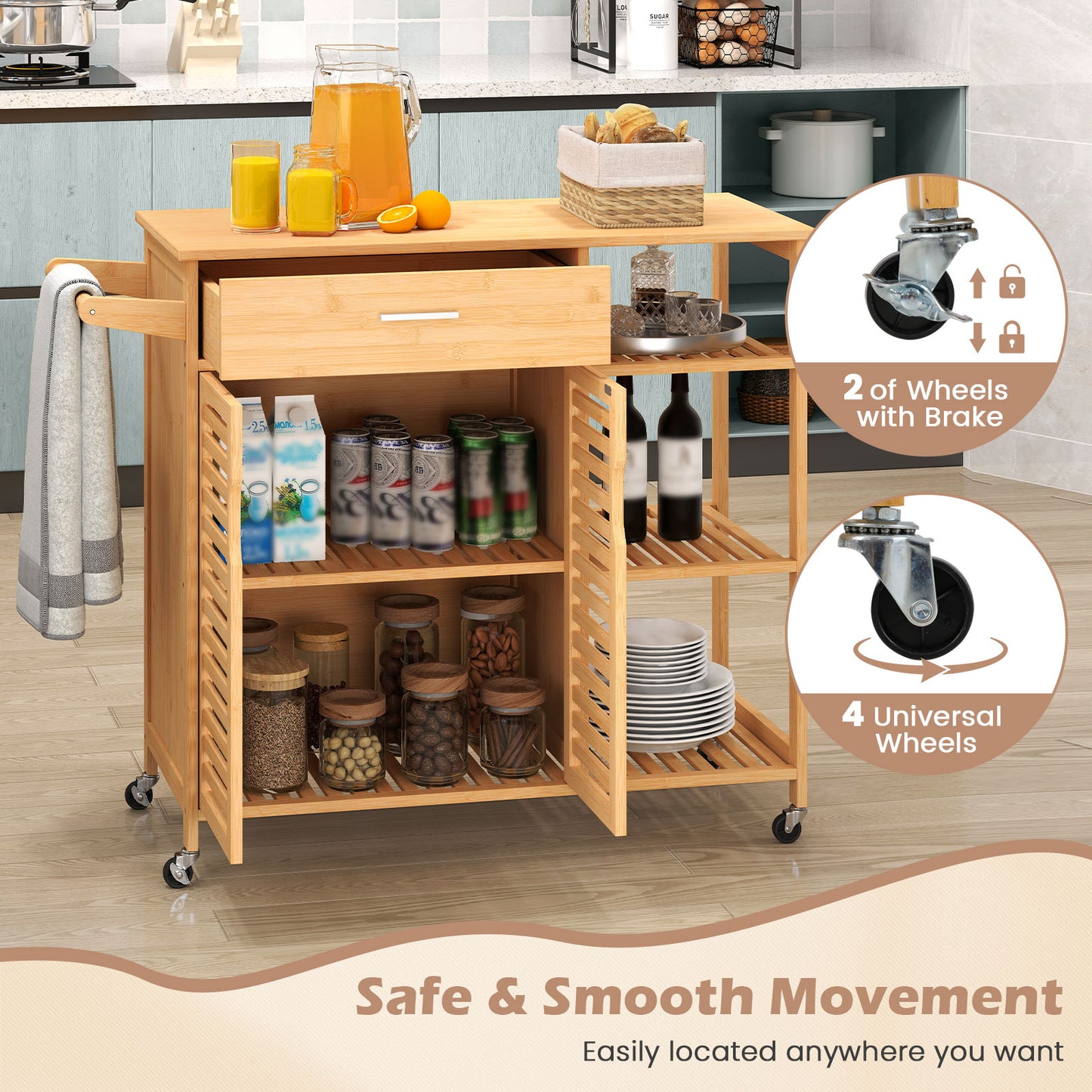 Kitchen Island Cart on Wheels with Sturdy Bamboo Frame, Natural Kitchen Islands & Carts at Gallery Canada