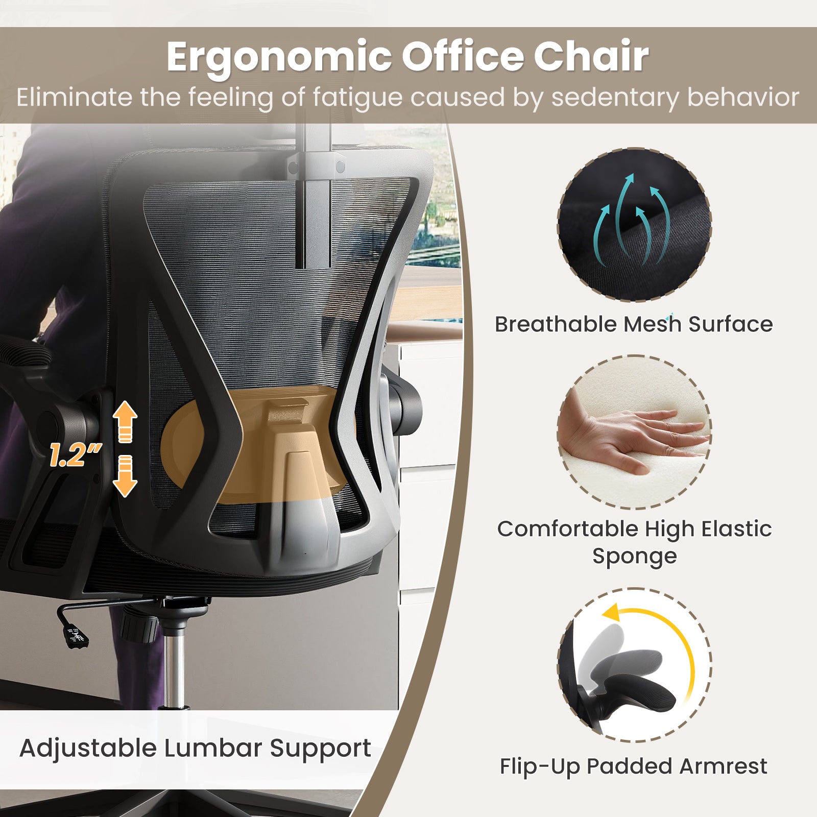 Ergonomic Mesh Office Chair with Adjustable Lumbar Support and Flip-up Armrests, Black Ergonomic Chairs at Gallery Canada