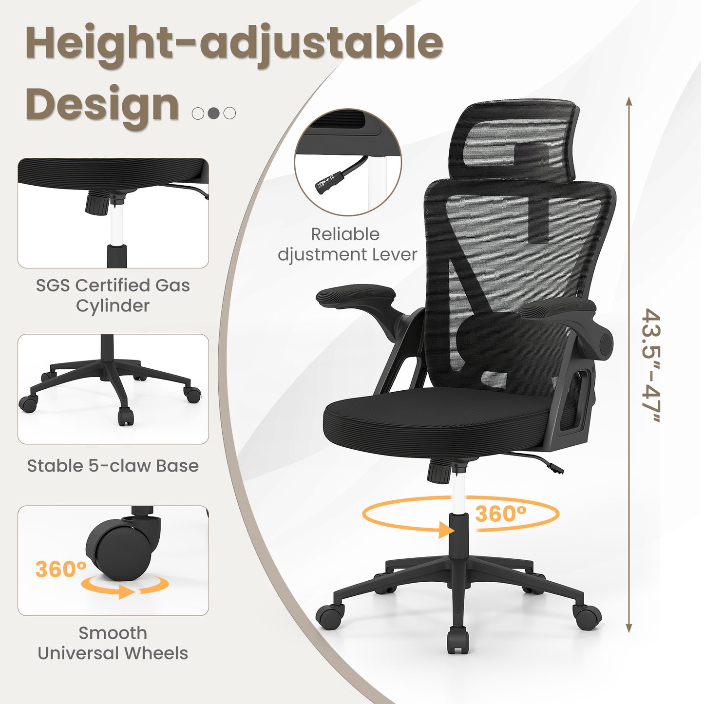 Ergonomic Mesh Office Chair with Adjustable Lumbar Support and Flip-up Armrests, Black Ergonomic Chairs at Gallery Canada