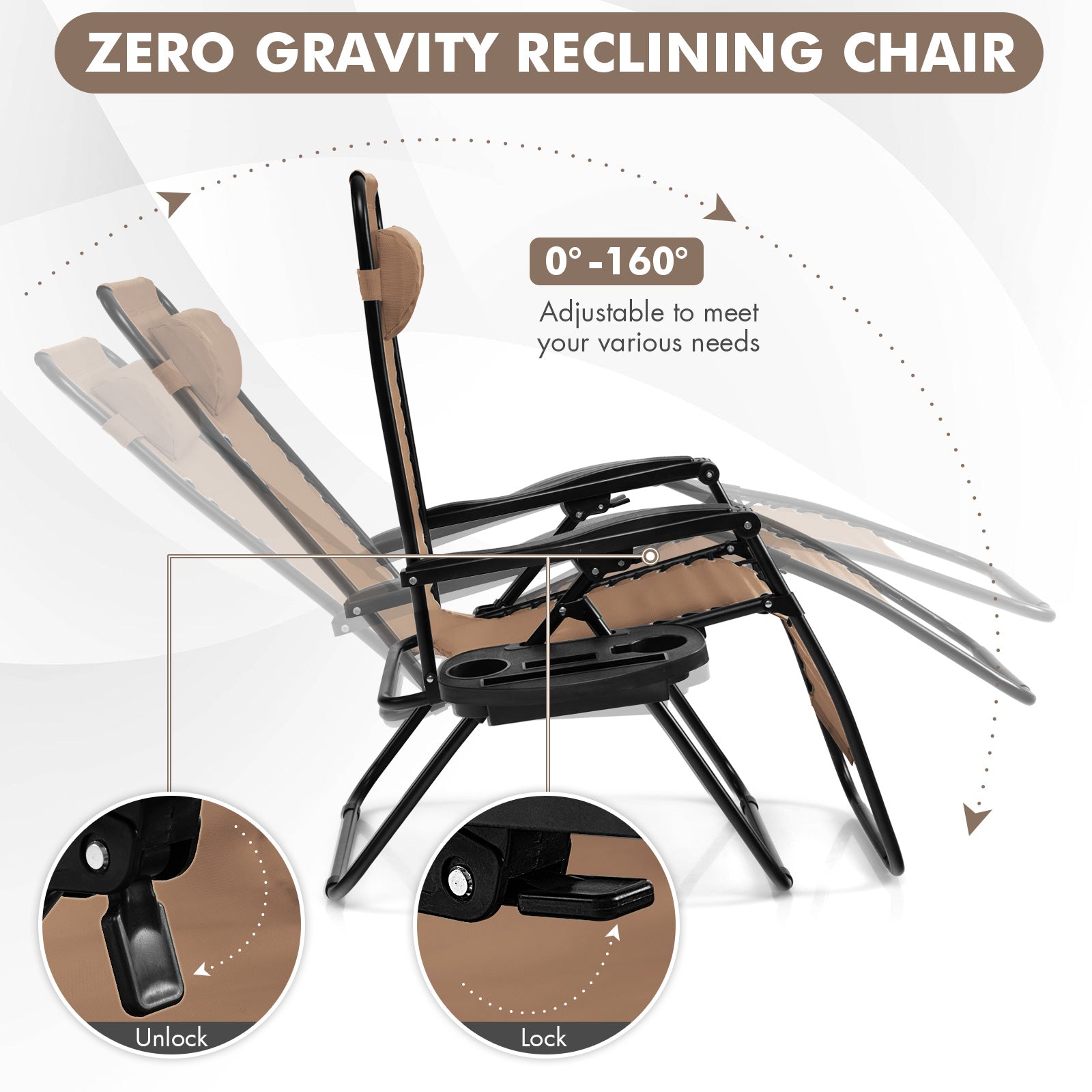 Outdoor Folding Zero Gravity Reclining Lounge Chair with Utility Tray, Beige Beach & Lawn Chairs at Gallery Canada