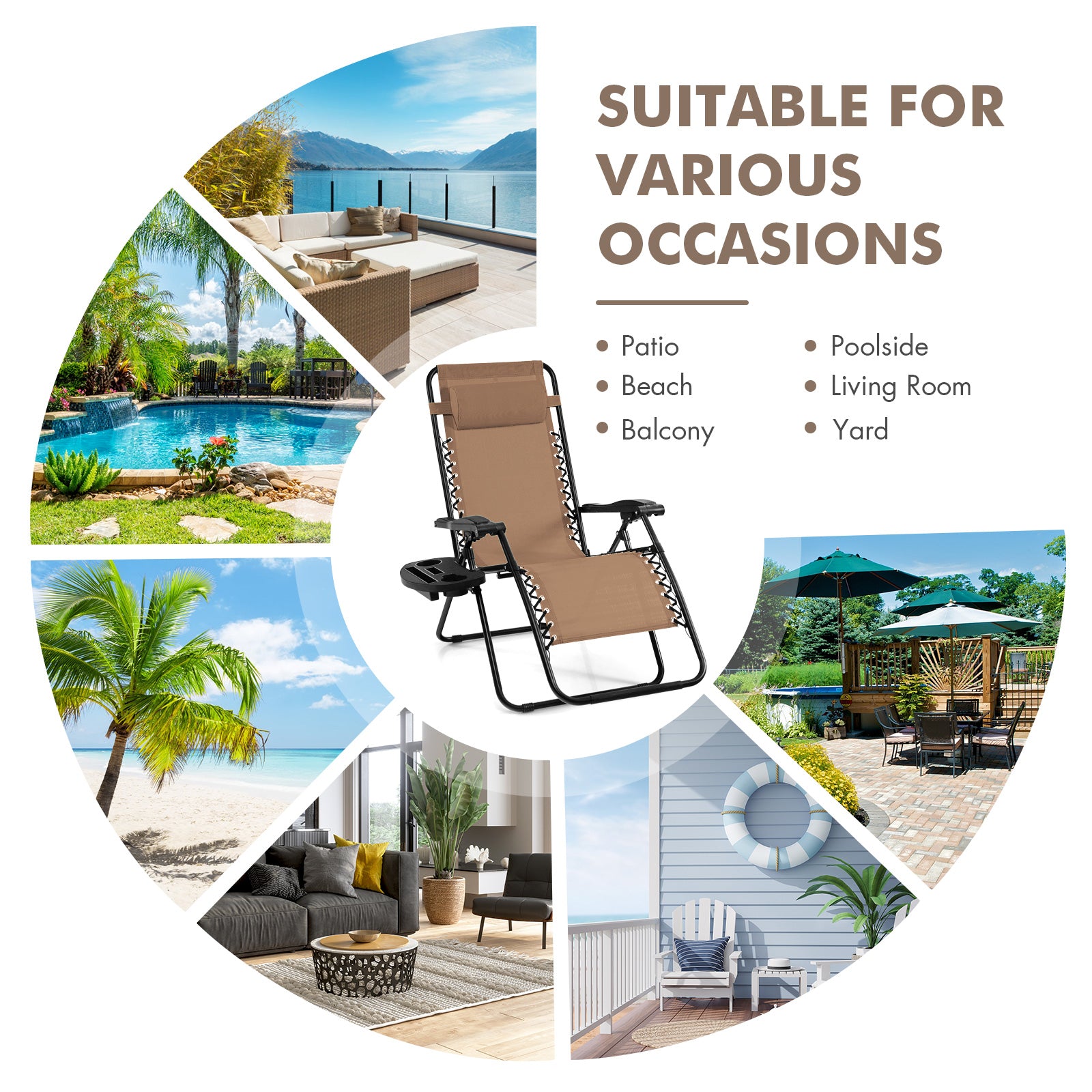 Outdoor Folding Zero Gravity Reclining Lounge Chair with Utility Tray, Beige Beach & Lawn Chairs at Gallery Canada