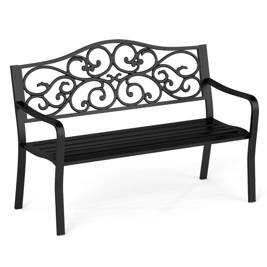 50 Inches Outdoor Cast Iron Metal Patio Bench with Floral Design Backrest and Slatted Seat, Black Outdoor Benches Black at Gallery Canada