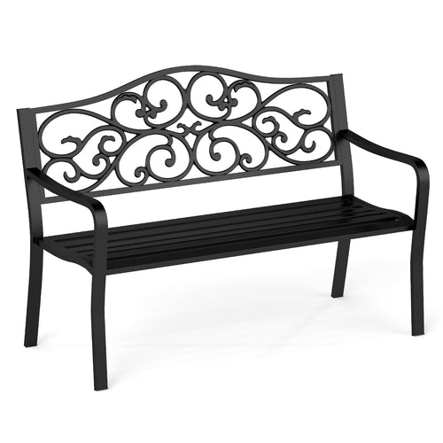 50 Inches Outdoor Cast Iron Metal Patio Bench with Floral Design Backrest and Slatted Seat, Black