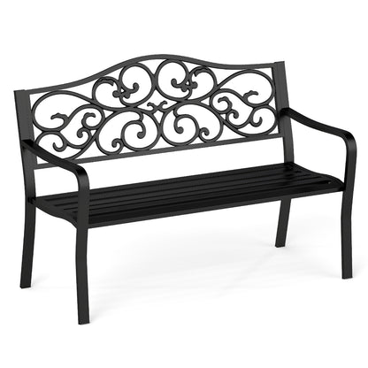 50 Inches Outdoor Cast Iron Metal Patio Bench, Floral Design Backrest, Black Outdoor Benches at Gallery Canada