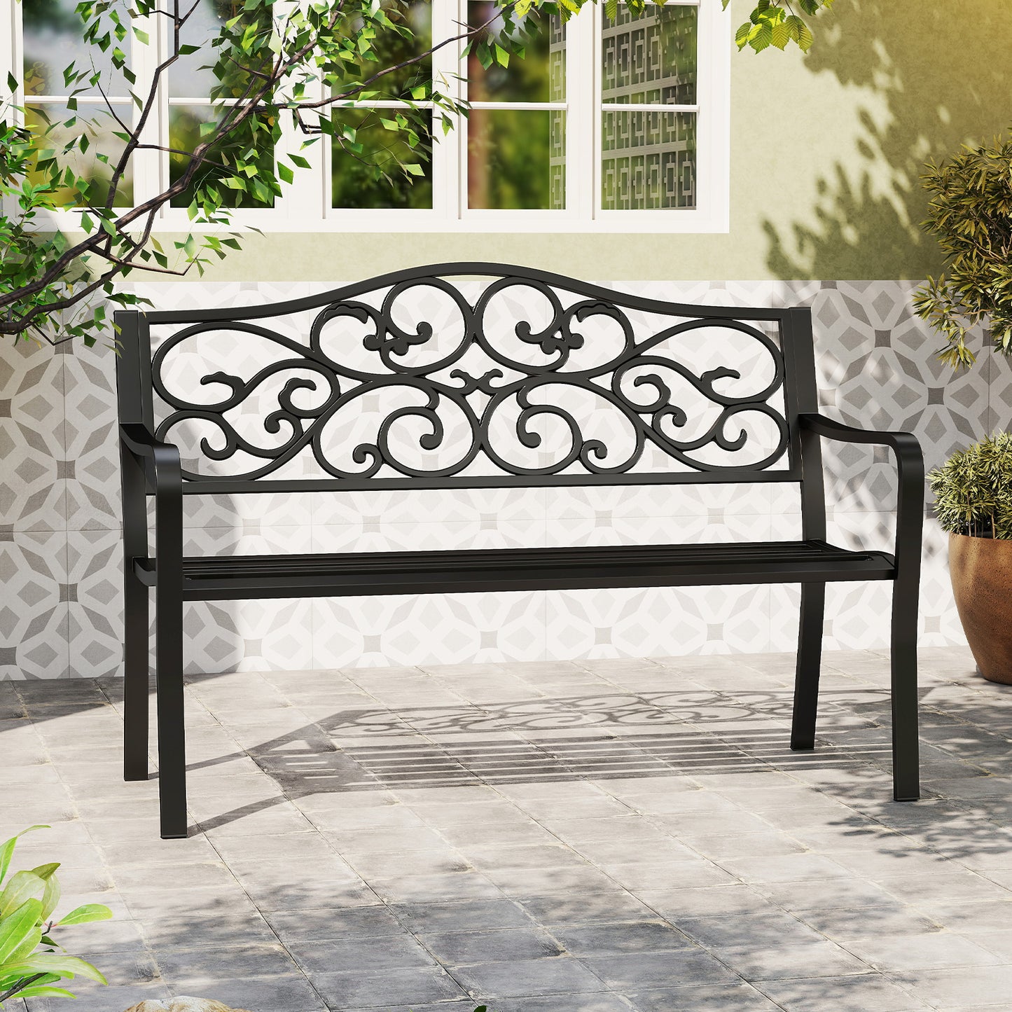 50 Inches Outdoor Cast Iron Metal Patio Bench with Floral Design Backrest and Slatted Seat, Black Outdoor Benches at Gallery Canada