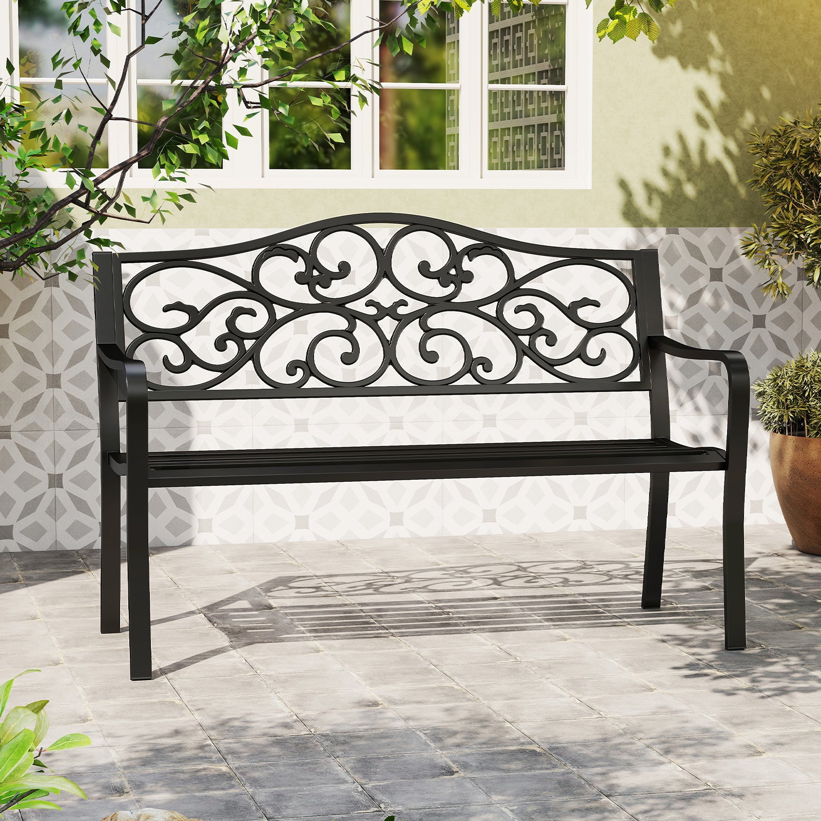 50 Inches Outdoor Cast Iron Metal Patio Bench with Floral Design Backrest and Slatted Seat, Black Outdoor Benches at Gallery Canada