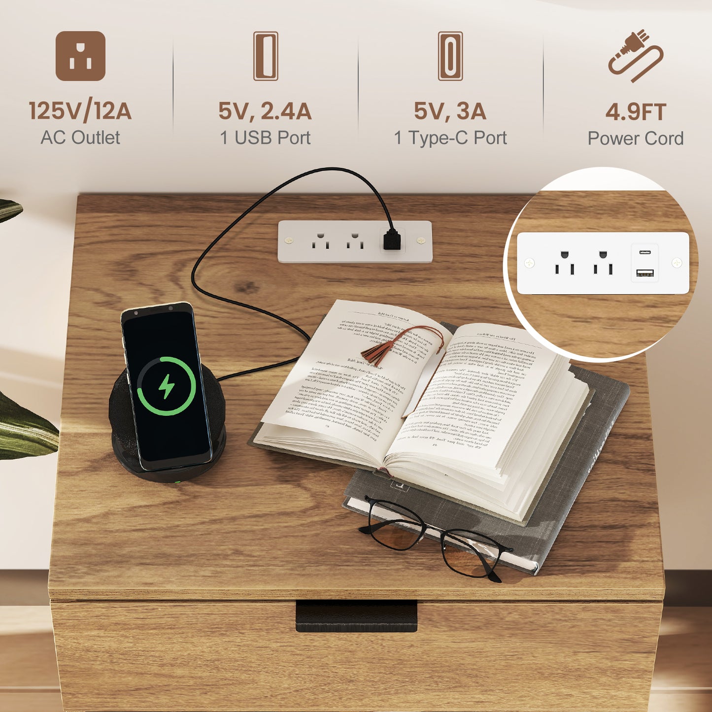Modern Nightstand With Charging Station, Natural Nightstands at Gallery Canada