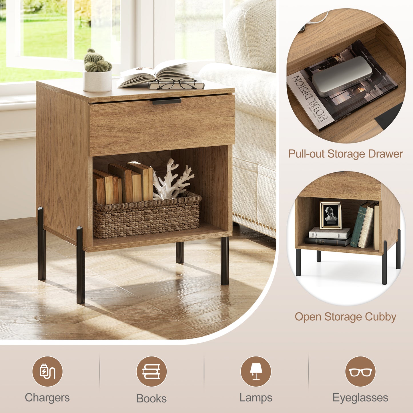 Modern Nightstand With Charging Station, Natural Nightstands at Gallery Canada
