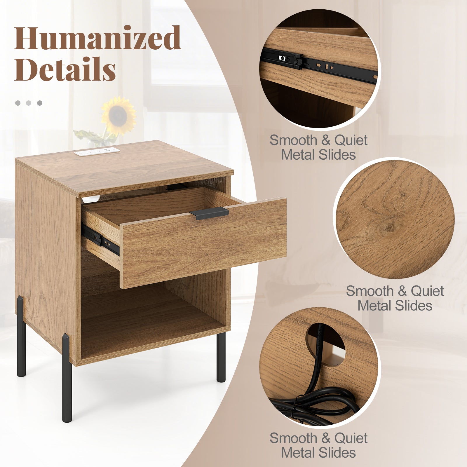 Modern Nightstand With Charging Station, Natural Nightstands at Gallery Canada