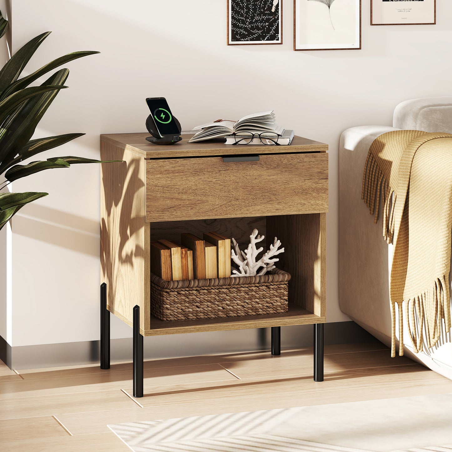 Modern Nightstand With Charging Station, Natural Nightstands at Gallery Canada