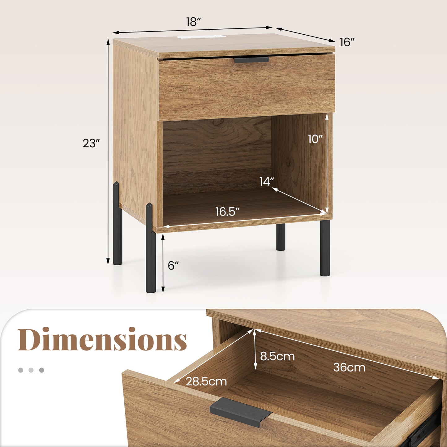 Modern Nightstand With Charging Station, Natural Nightstands at Gallery Canada