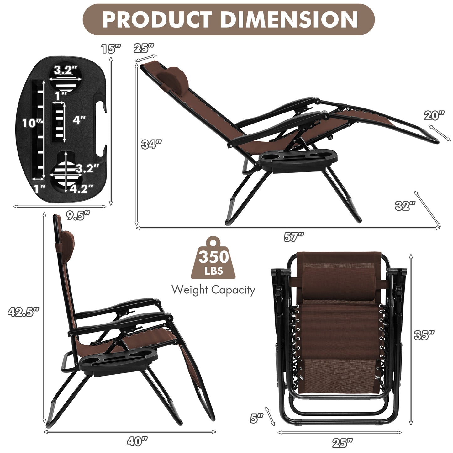 Folding Zero Gravity Reclining Lounge Chair, Brown