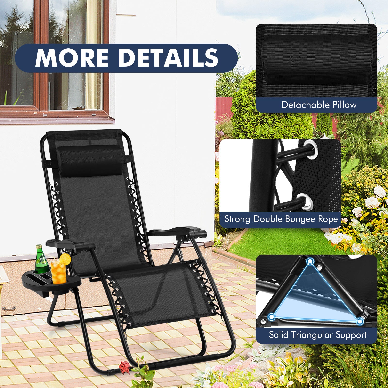 Outdoor Folding Zero Gravity Reclining Lounge Chair with Utility Tray, Black Beach & Lawn Chairs at Gallery Canada