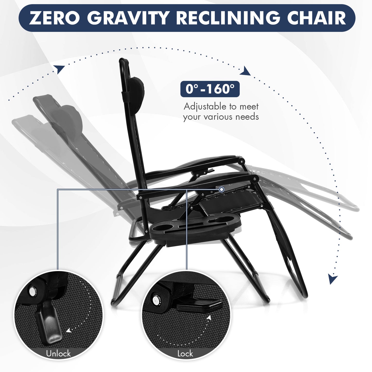 Outdoor Folding Zero Gravity Reclining Lounge Chair with Utility Tray, Black Beach & Lawn Chairs at Gallery Canada