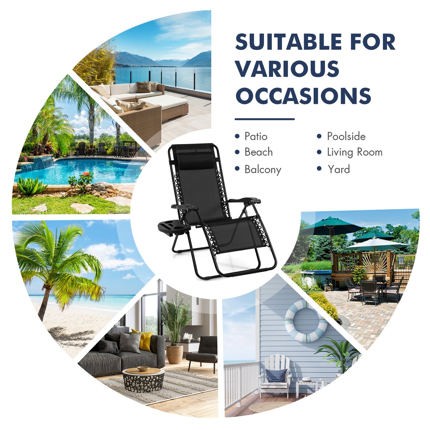 Outdoor Folding Zero Gravity Reclining Lounge Chair with Utility Tray, Black Beach & Lawn Chairs at Gallery Canada