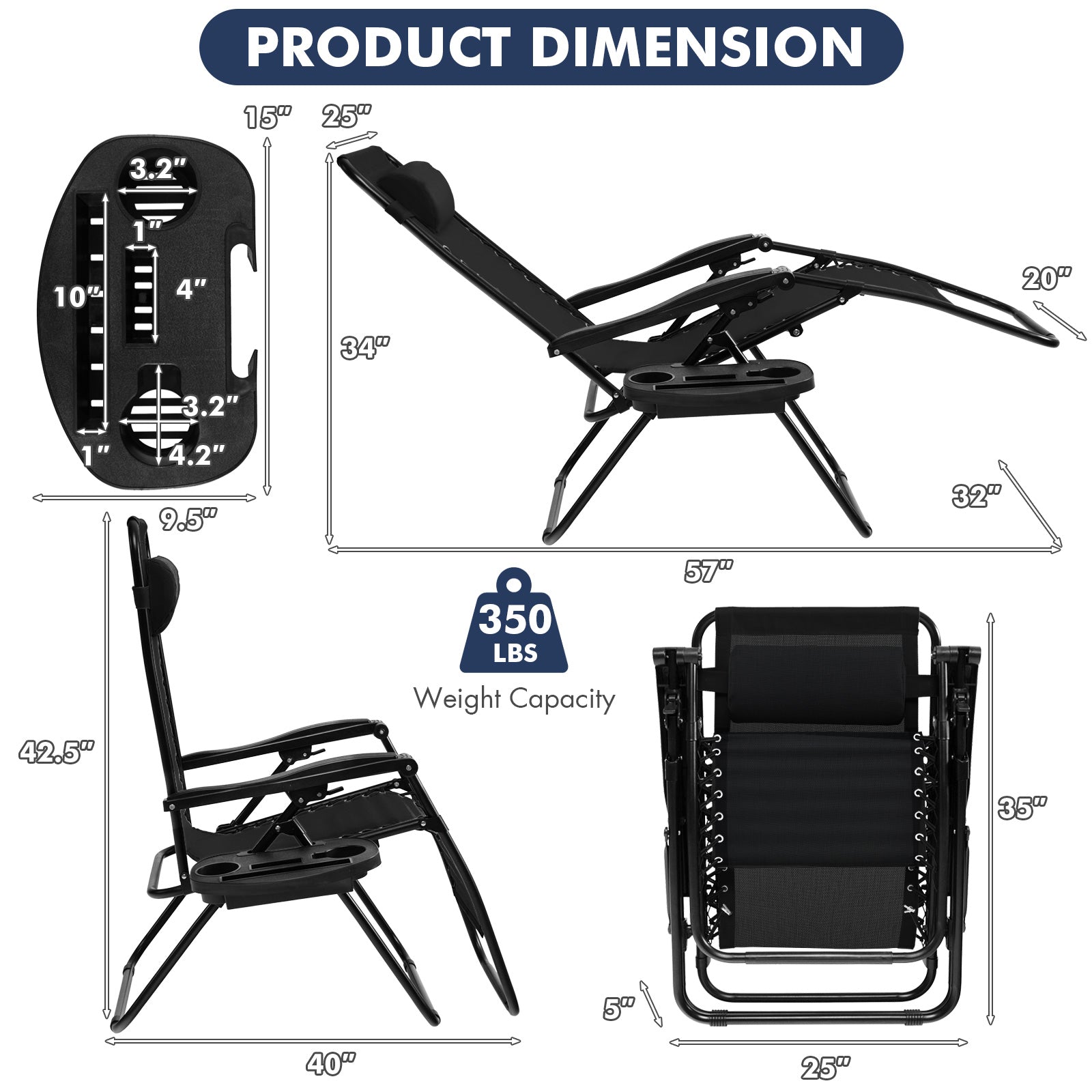 Outdoor Folding Zero Gravity Reclining Lounge Chair with Utility Tray, Black Beach & Lawn Chairs at Gallery Canada