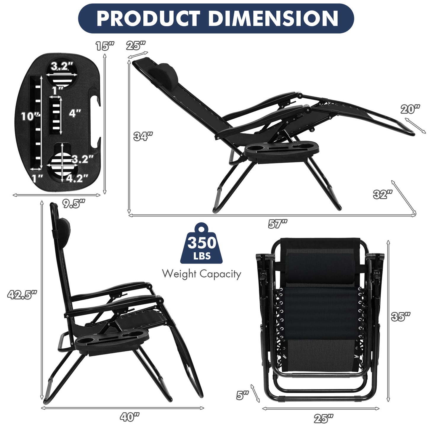 Outdoor Folding Zero Gravity Reclining Lounge Chair with Utility Tray, Black Beach & Lawn Chairs at Gallery Canada