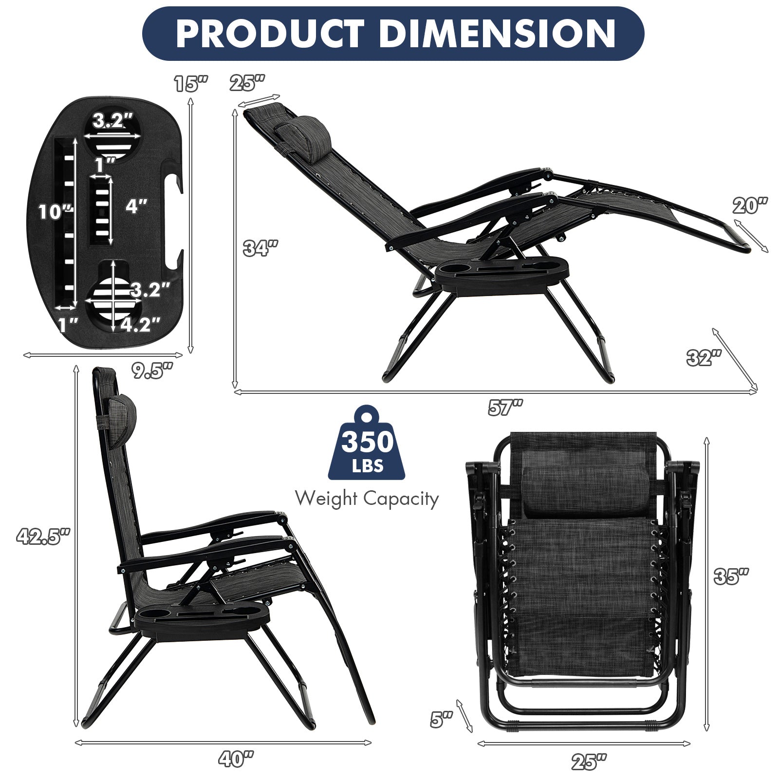 Outdoor Folding Zero Gravity Reclining Lounge Chair with Utility Tray, Gray Beach & Lawn Chairs at Gallery Canada