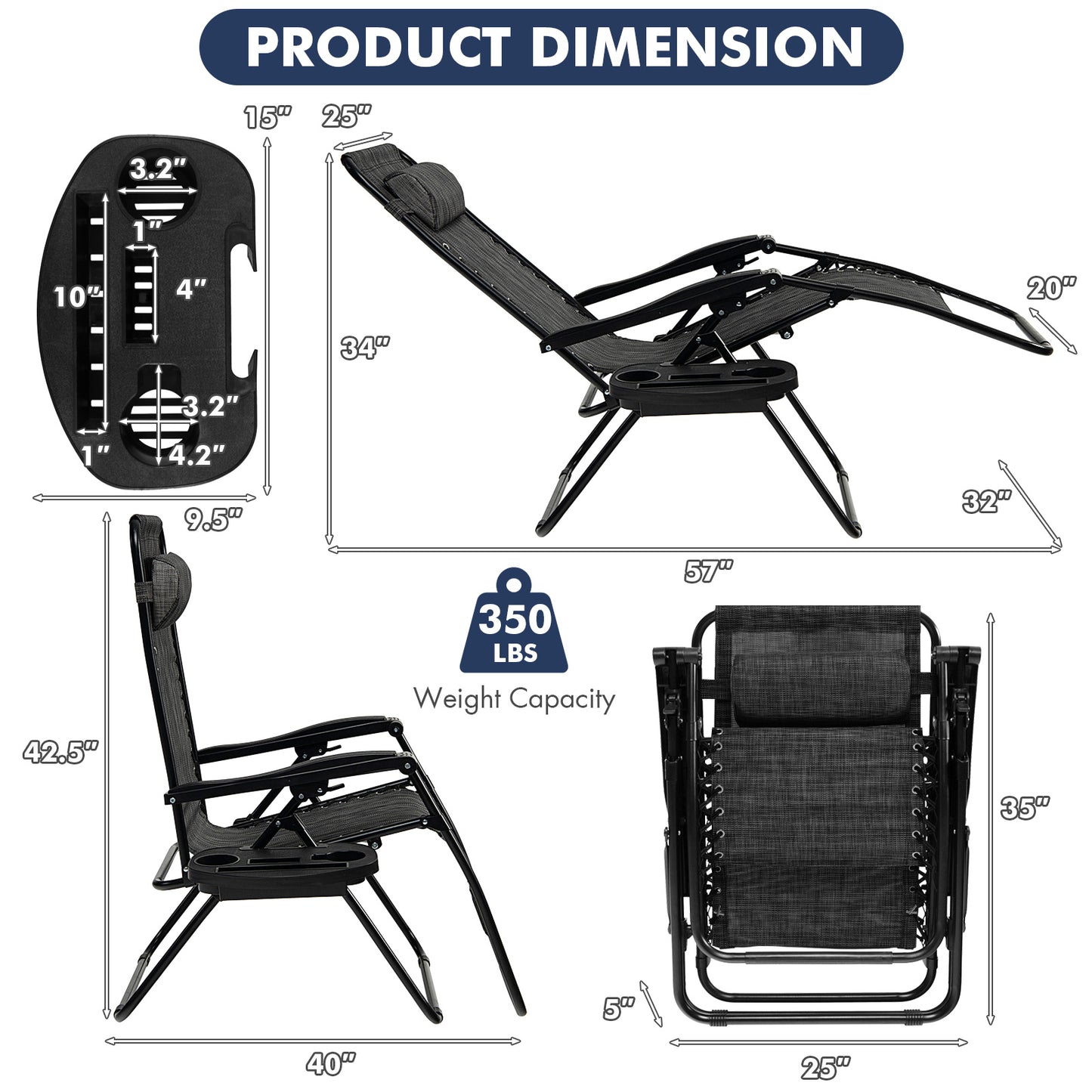 Outdoor Folding Zero Gravity Reclining Lounge Chair with Utility Tray, Gray Beach & Lawn Chairs at Gallery Canada