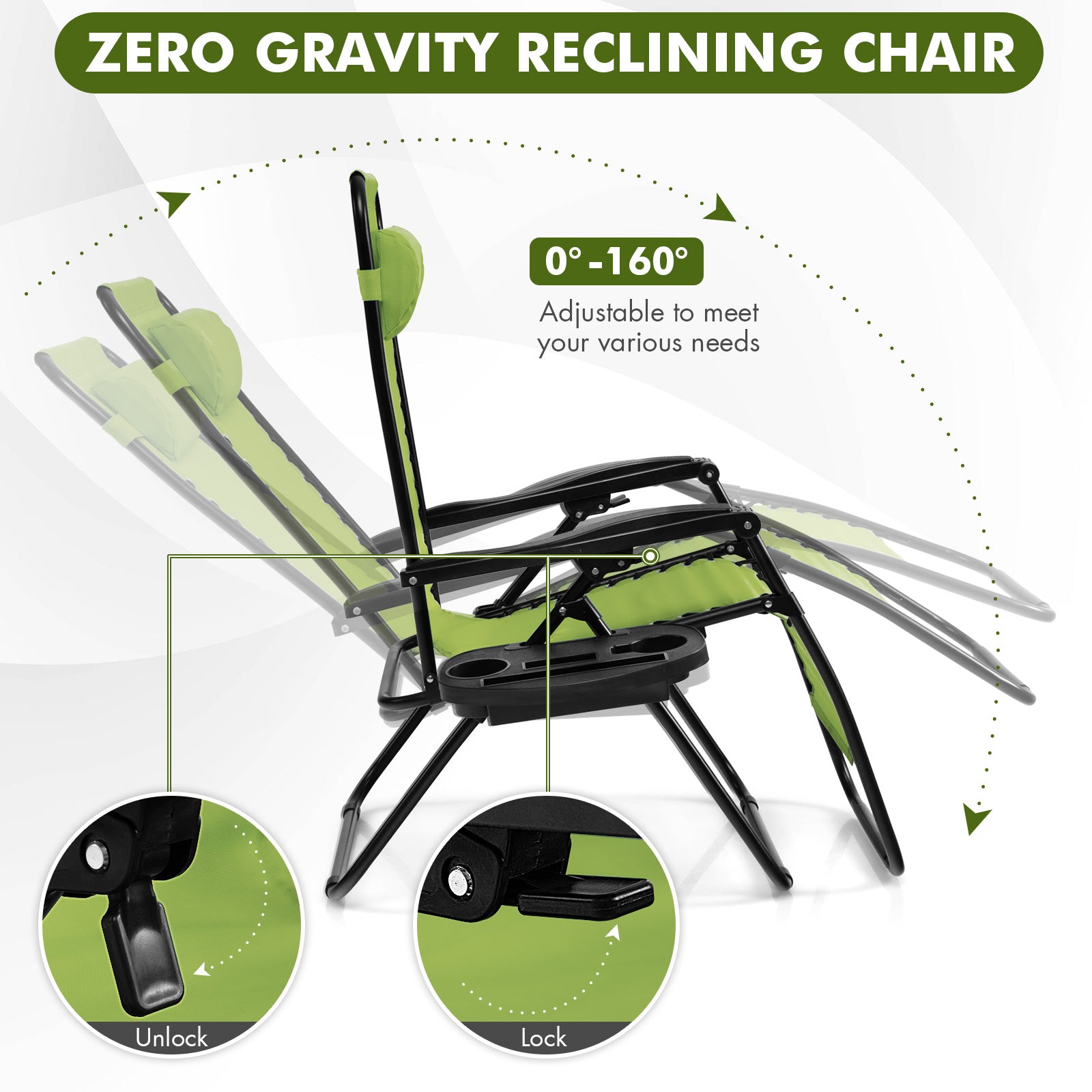 Outdoor Folding Zero Gravity Reclining Lounge Chair with Utility Tray, Green Beach & Lawn Chairs at Gallery Canada