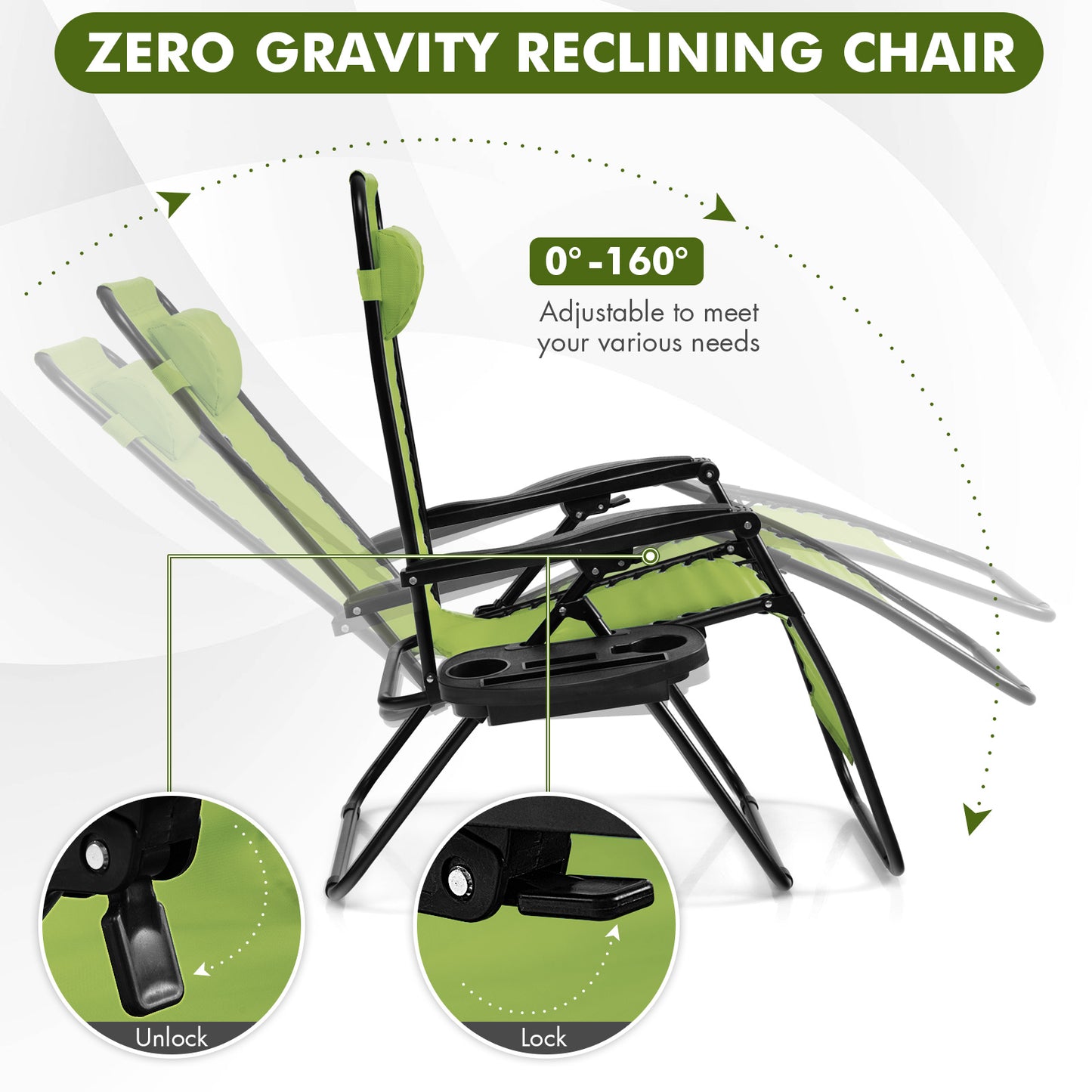 Outdoor Folding Zero Gravity Reclining Lounge Chair with Utility Tray, Green Beach & Lawn Chairs at Gallery Canada