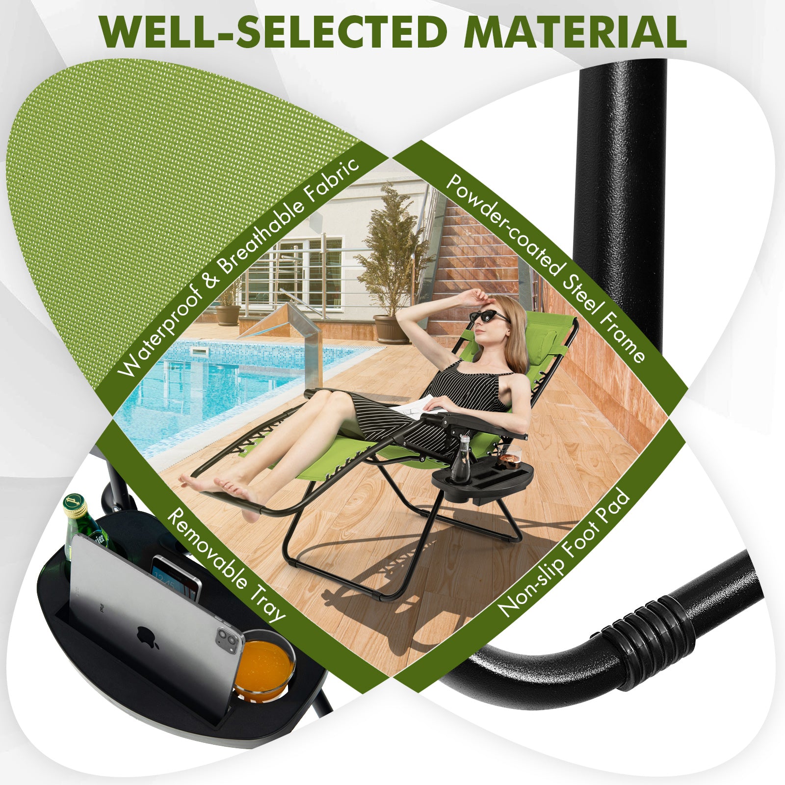 Outdoor Folding Zero Gravity Reclining Lounge Chair with Utility Tray, Green Beach & Lawn Chairs at Gallery Canada