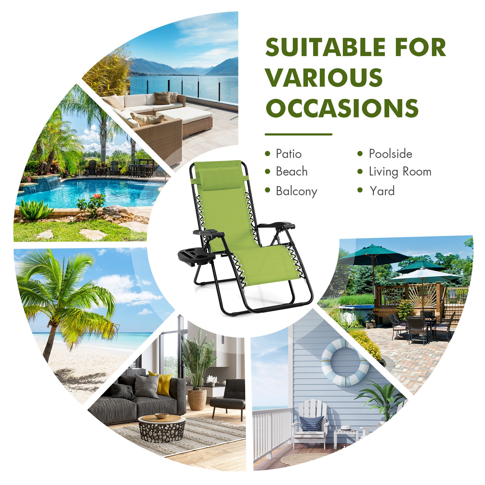 Outdoor Folding Zero Gravity Reclining Lounge Chair with Utility Tray, Green Beach & Lawn Chairs at Gallery Canada
