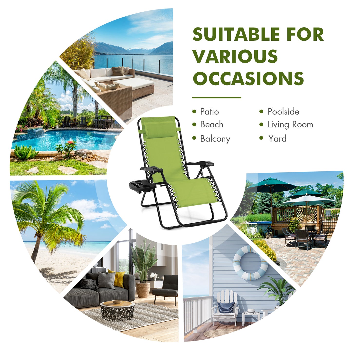 Outdoor Folding Zero Gravity Reclining Lounge Chair with Utility Tray, Green Beach & Lawn Chairs at Gallery Canada