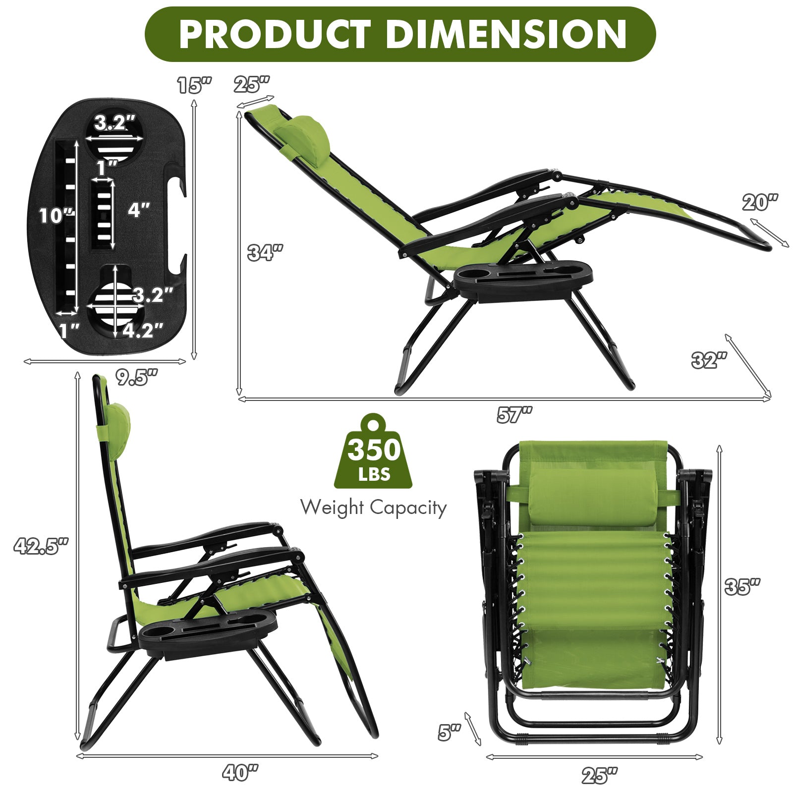 Outdoor Folding Zero Gravity Reclining Lounge Chair with Utility Tray, Green Beach & Lawn Chairs at Gallery Canada