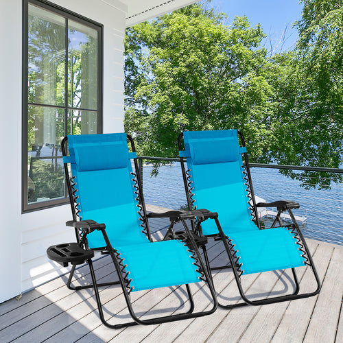 Outdoor Folding Zero Gravity Reclining Lounge Chair with Utility Tray, Light Blue