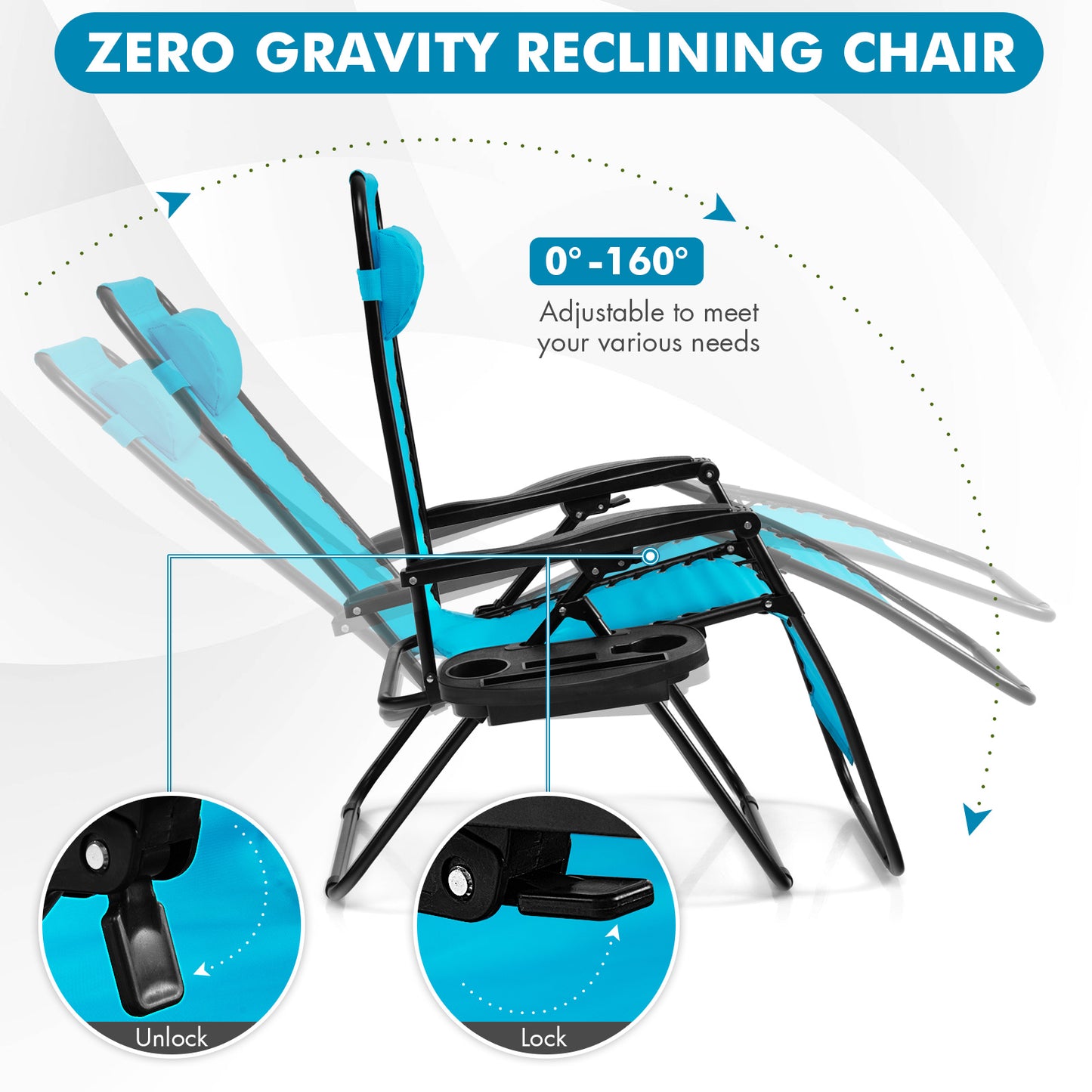 Outdoor Folding Zero Gravity Reclining Lounge Chair with Utility Tray, Light Blue Beach & Lawn Chairs at Gallery Canada
