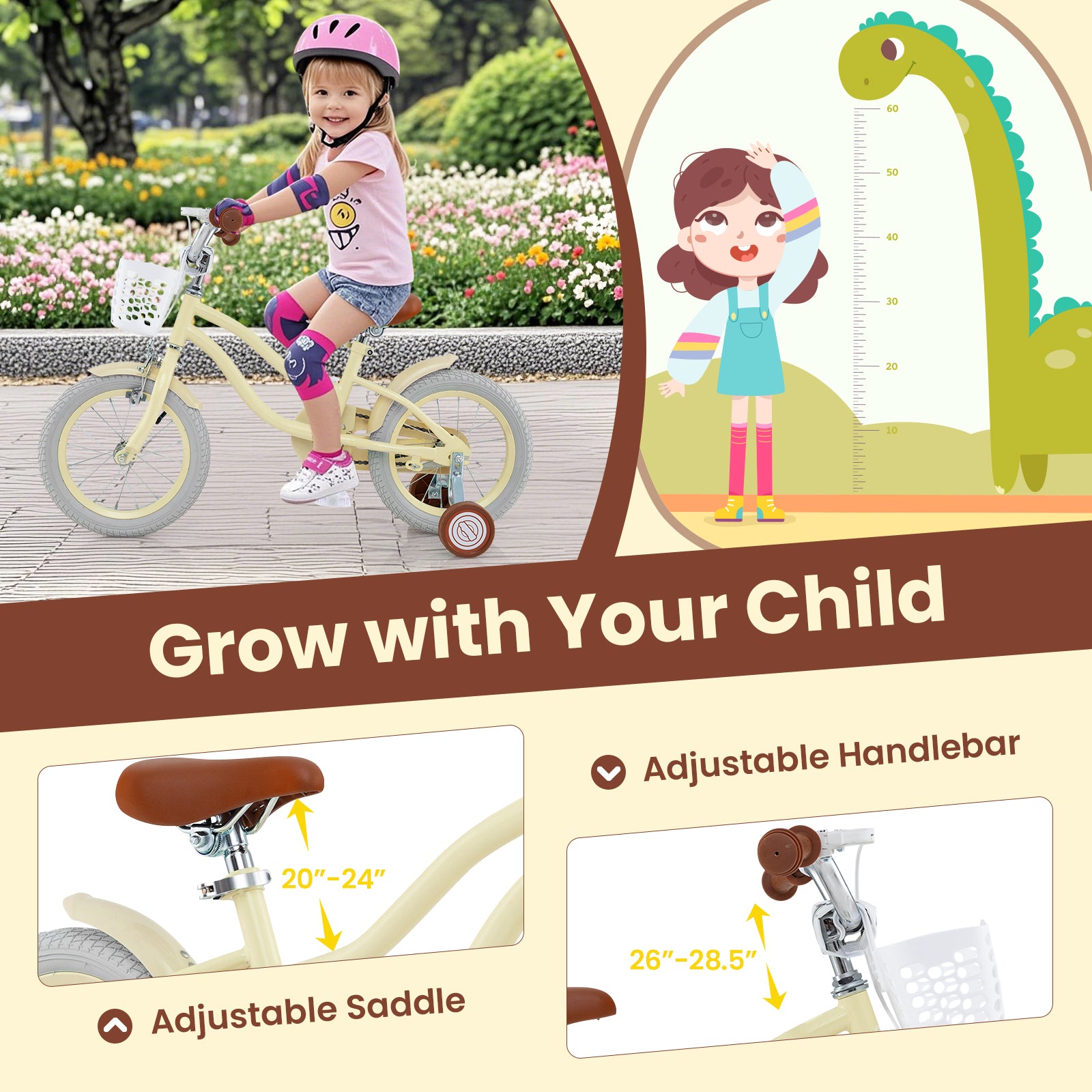 14 Inch Kids Bike Adjustable with Training Wheels Ages 3-8 Years Olds-14 inches, Beige Kids Bike at Gallery Canada