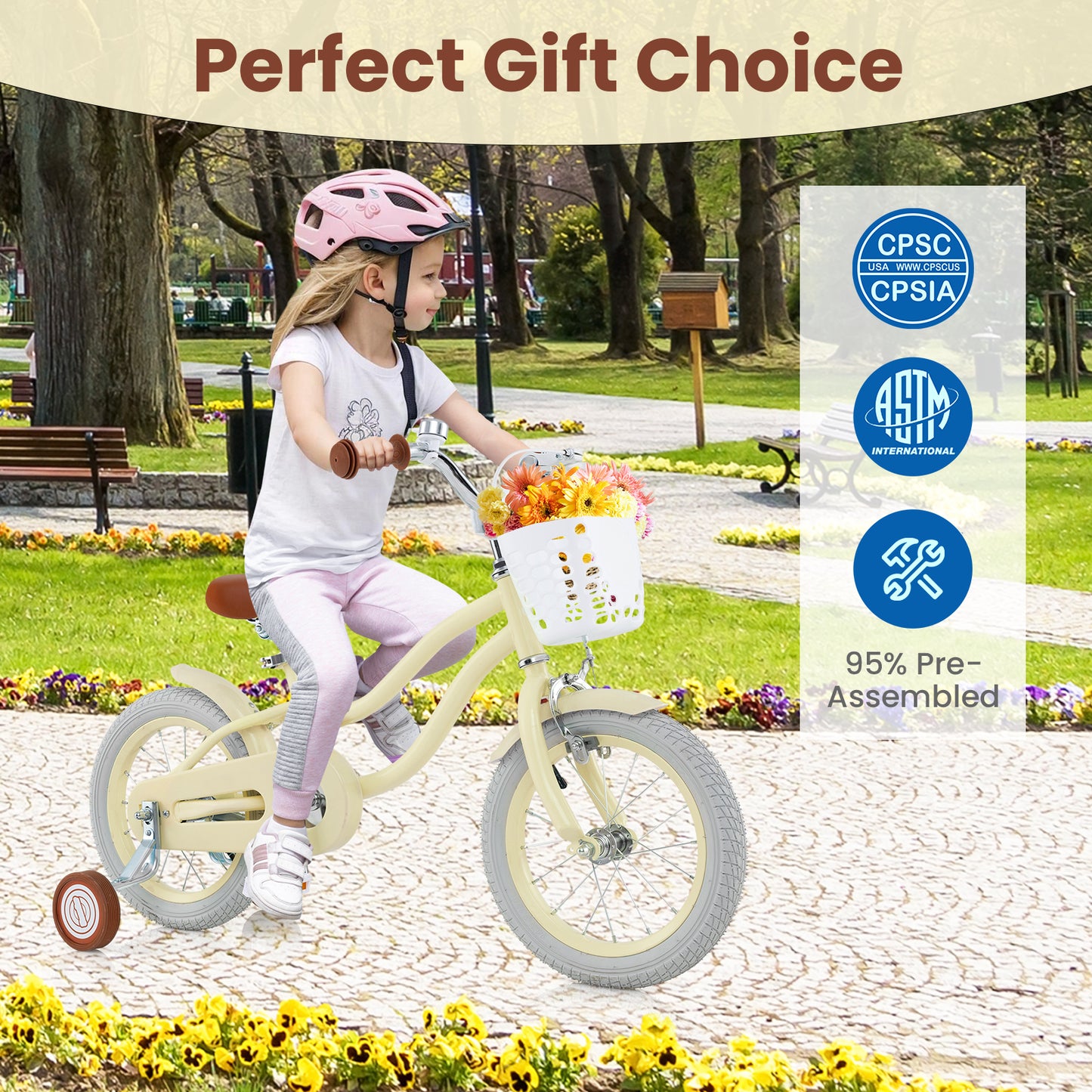 14 Inch Kids Bike Adjustable with Training Wheels Ages 3-8 Years Olds-14 inches, Beige Kids Bike at Gallery Canada