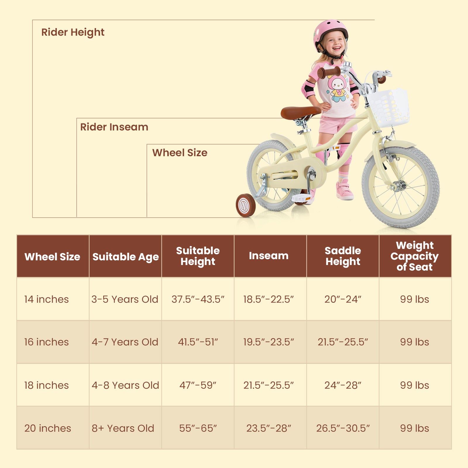 14 Inch Kids Bike Adjustable with Training Wheels Ages 3-8 Years Olds-14 inches, Beige Kids Bike at Gallery Canada