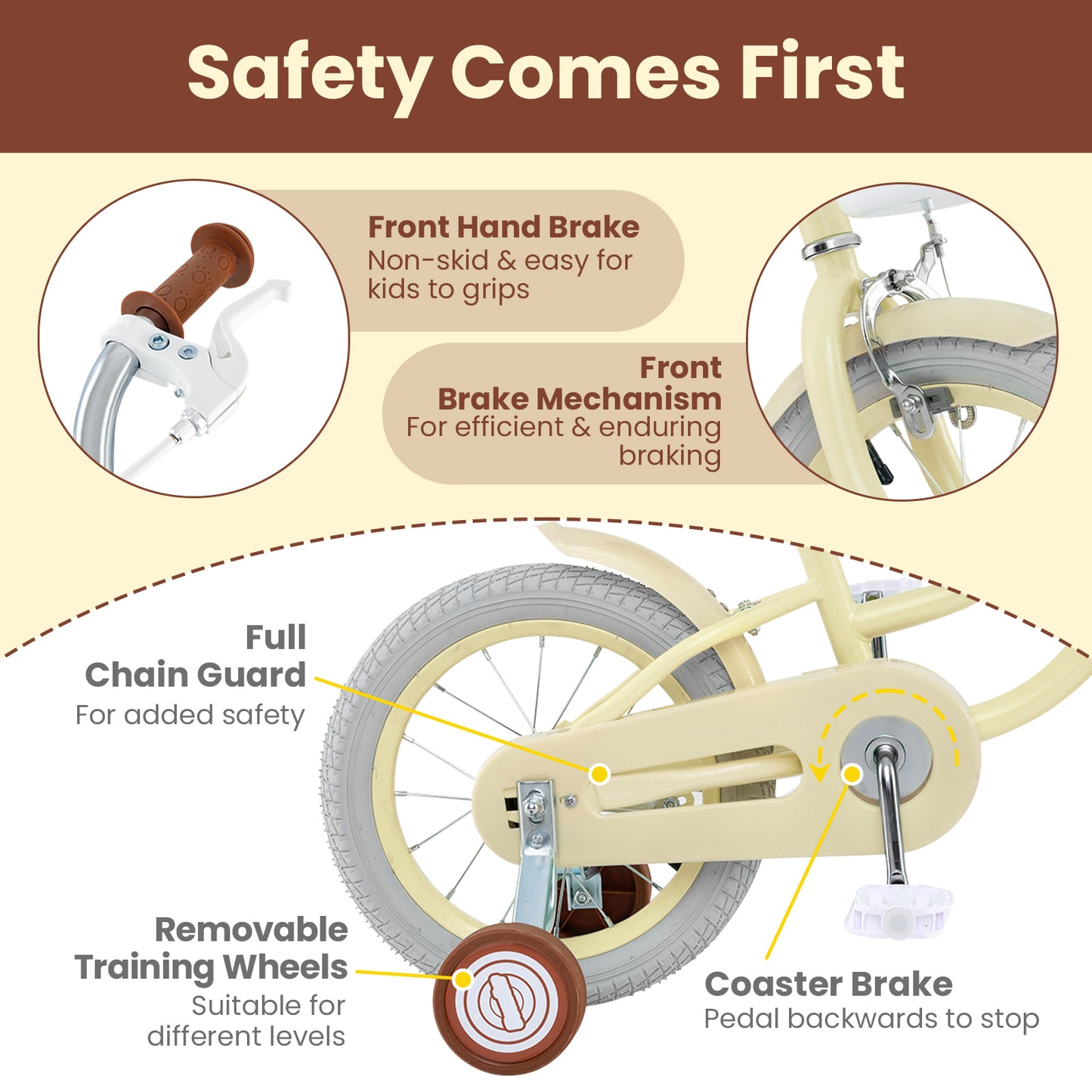 14/16/18 Inch Kids Bike Adjustable with Training Wheels Ages 3-8 Years Olds-16 inches, Beige Kids Bike at Gallery Canada