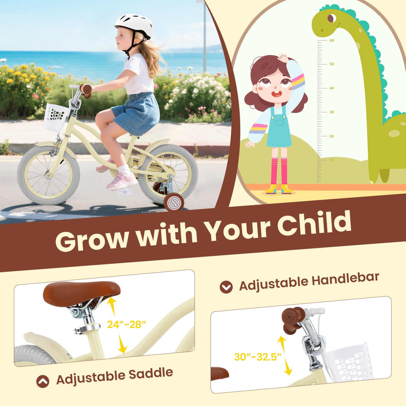 14/16/18 Inch Kids Bike Adjustable with Training Wheels Ages 3-8 Years Olds-18 inches, Beige Kids Bike at Gallery Canada