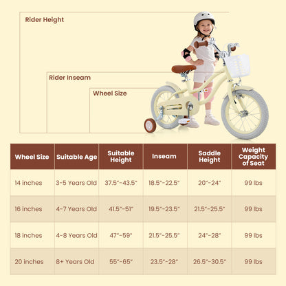 14/16/18 Inch Kids Bike Adjustable with Training Wheels Ages 3-8 Years Olds-18 inches, Beige Kids Bike at Gallery Canada