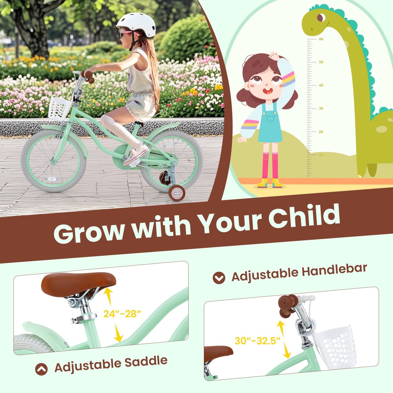 Kids Bike, 18 Inches, Adjustable Seat, Bell, Ages 3-8, Green Kids Bike at Gallery Canada
