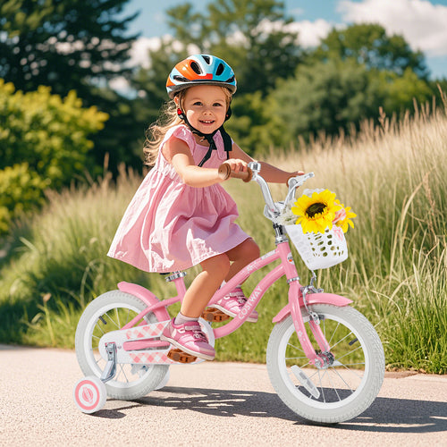 14 Inch Kids Bike with Training Wheels and Basket for Boys Girls 3-5 Years Old-14 inches, Peach