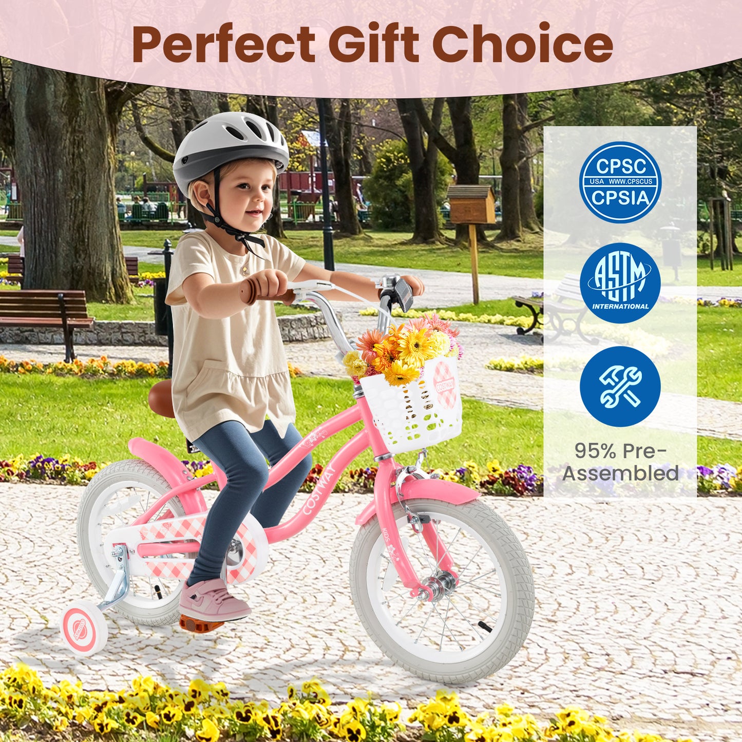 14 Inch Kids Bike with Training Wheels and Basket for Boys Girls 3-5 Years Old-14 inches, Peach Kids Bike at Gallery Canada