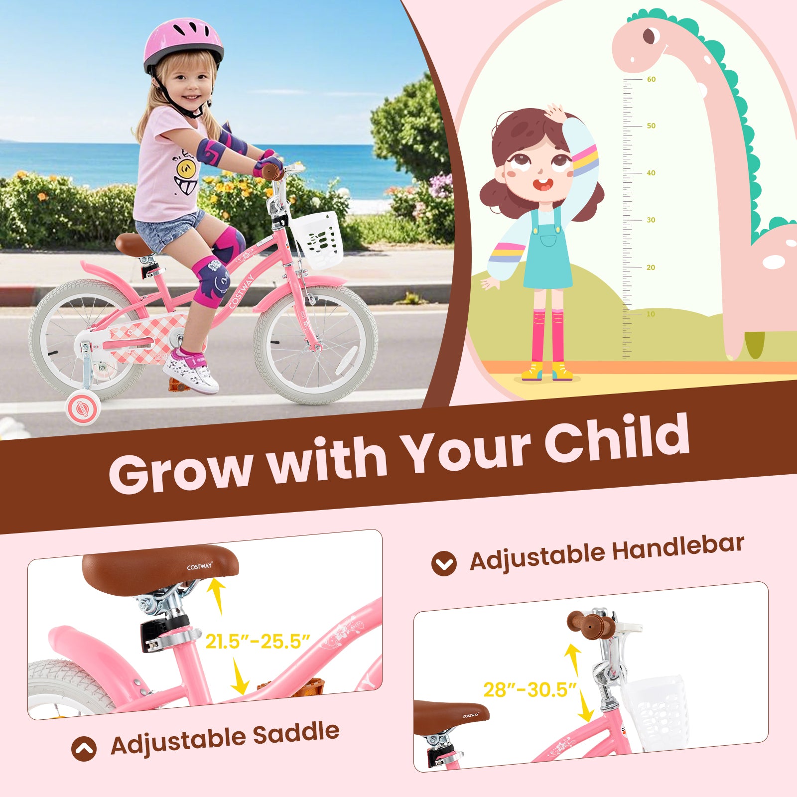 16 Inch Kids Bike with Training Wheels and Basket for Boys Girls 4-7 Years Old-16 inches, Peach Kids Bike at Gallery Canada