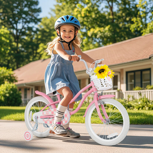 18 Inch Kids Bike with Training Wheels and Basket for Boys Girls 4-8 Years Old-18 inches, Peach