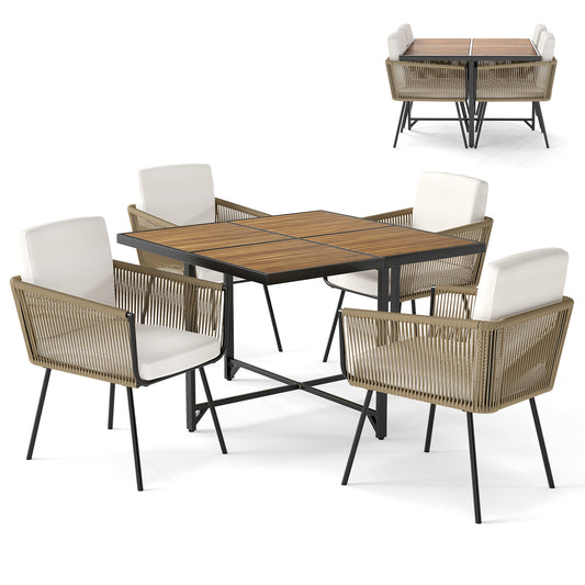 5 Pieces Patio Dining Set with Acacia Wood Tabletop, Off White Patio Dining Sets Off White at Gallery Canada