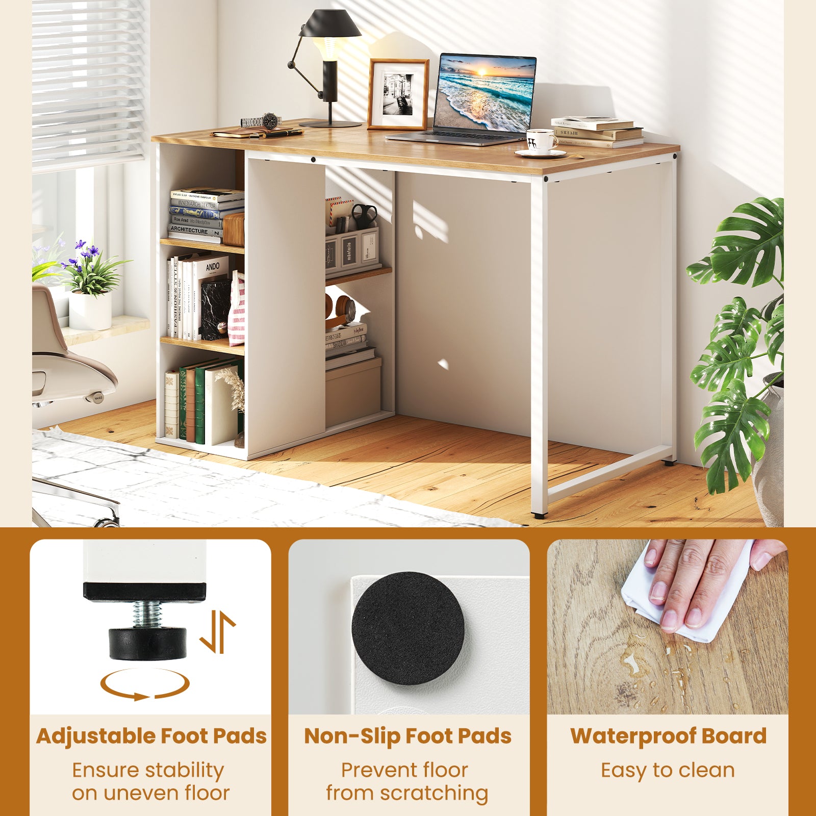 45 Inch Computer Desk with 5 Storage Compartments and Metal Frame, Natural Computer Desks at Gallery Canada