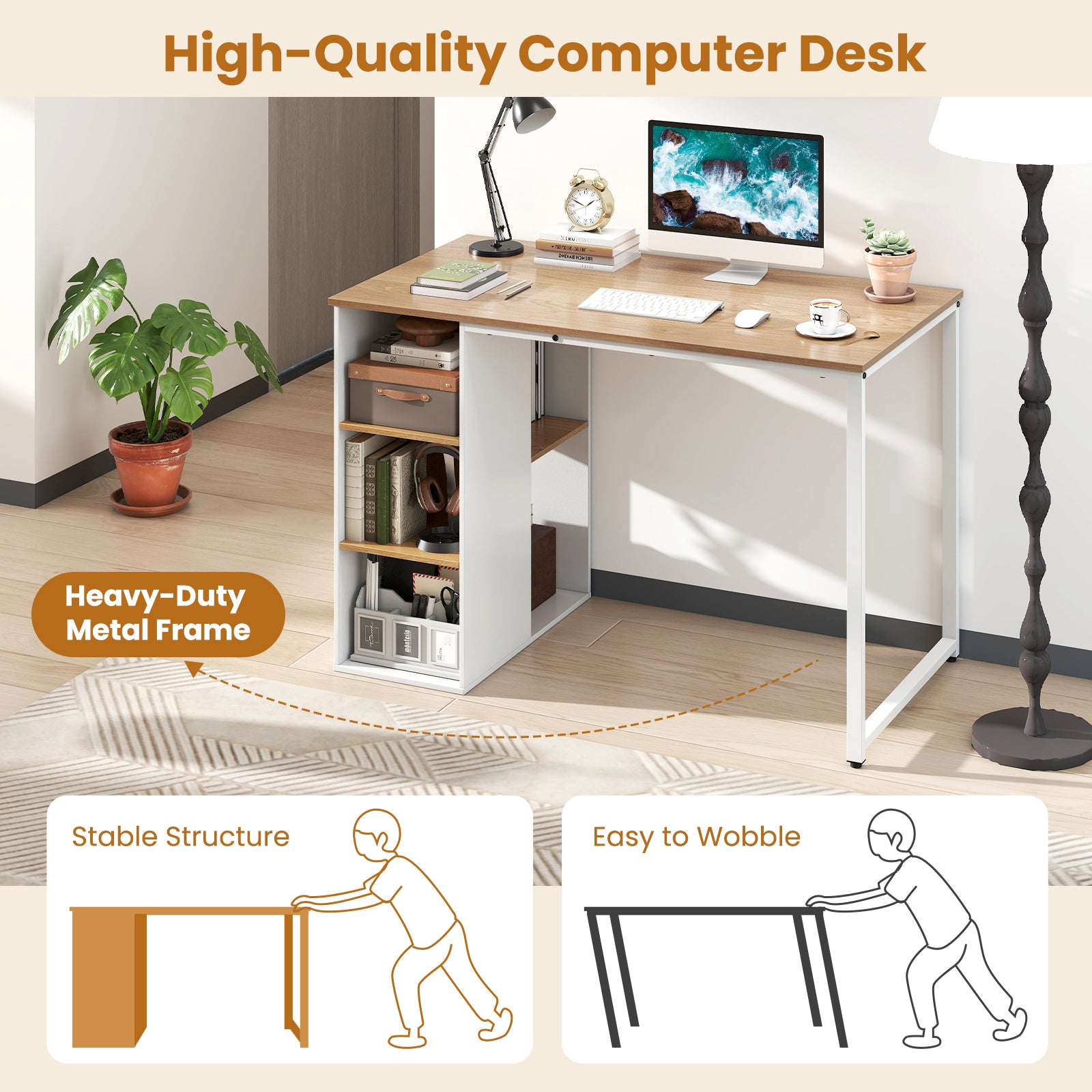 45 Inch Computer Desk with 5 Storage Compartments and Metal Frame, Natural Computer Desks at Gallery Canada