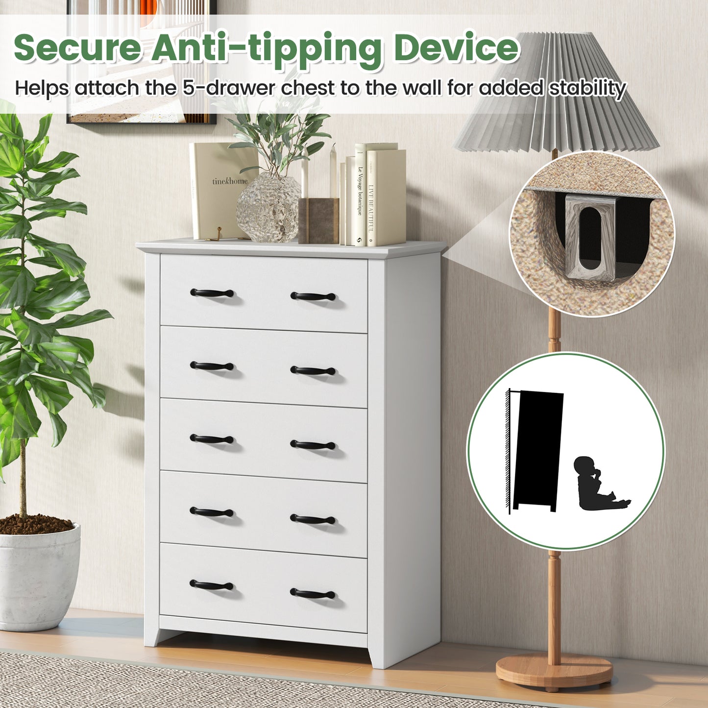 Tall Storage Dresser with 5 Pull-out Drawers for Bedroom Living Room, White Dressers & Chests at Gallery Canada